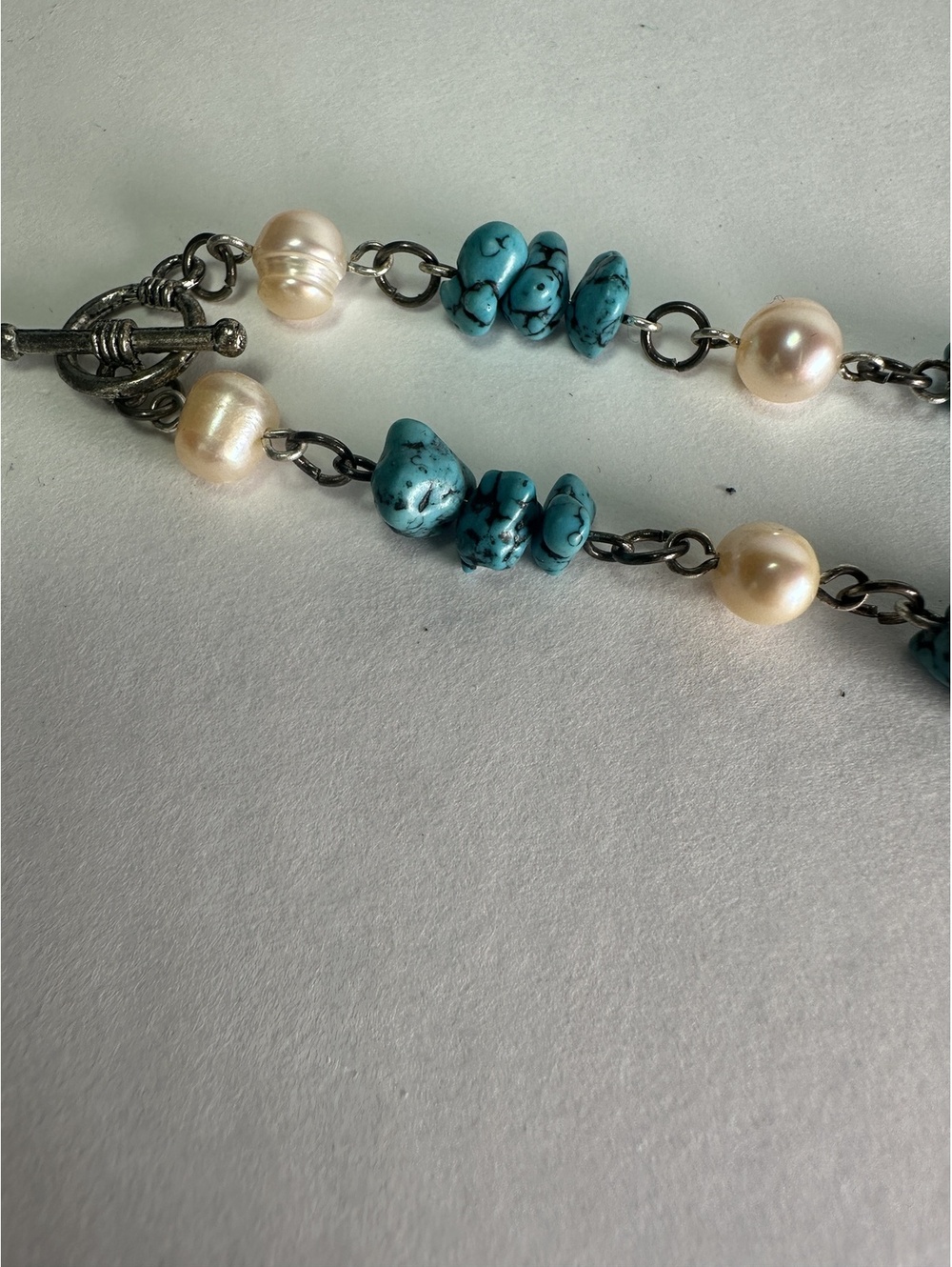 Turquoise Dyed Howlite Freshwater Pearl Statement Necklace Boho Western 22” - Picture 4 of 7